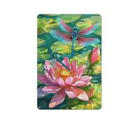 ACDOET Rustic Metal Tin Sign Dragonfly Lotus Wall Art, Beautiful Flower Painting Pictures For Home Bedroom Decor 8x12 Inch