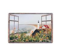 ACDOET Rustic Metal Tin Sign Open Window View Of Coastal Lighthouse Landscape Prints Picture Beach Seascape Scenery Painting Artwork For Living Room Bedroom Office Home Decoration 8x12 Inch