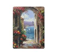 ACDOET Rustic Metal Tin Sign Painted Wall Art Italy Town Mediterranean Tuscany Sea Coast Flowers Oil Painting Landscape Scenery Wall Decor 12x16 Inch