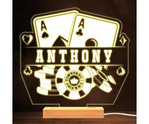 Ace Cards Poker Chips Gambling Casino Personalised Gift Warm White Night Light | Personalised Gift For Home, Lamp Room Décor | Kids & Adults Night Lights With Name | Personalised Gift For Bedroom |