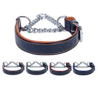 Ace Training Adjustable Martingale Comfy PADDED Half check Genuine Leather Dog Collar: fits up to 20" including chain (1" wide) ** Stainless Steel Chain**
