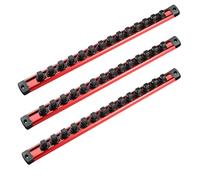 ACEBON Magnetic Socket Organiser Set, 3 Pack 3/8 Inch Aluminium Rails | 42 black clips, red rails,10mm, magnetic back, rotating clips, for toolbox, garage and workshop, sockets not included
