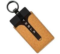 ACEDOAMARE Key Card Holder for Tesla Model 3 Y S X genuine leather fiber and Artificial leather Protector Case Keychain Car key Fob case Key Protection Cover Case (Yellow)