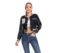 ACEFAST INC Womens Crop Varsity Jacket Letterman Baseball Jacket Bomber Vintage Y2k Streetwear Short Coat, A Black, XL