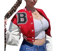 ACEFAST INC Womens Crop Varsity Jacket Letterman Baseball Jacket Bomber Vintage Y2k Streetwear Short Coat, A Red, XXL
