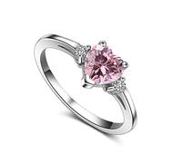 ACEFEEL 925 Sterling Silver Heart Shaped Pink Cubic Zirconia Engagement Promise Band Ring Size J1/2