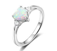 ACEFEEL 925 Sterling Silver Heart Shaped White Opal Engagement Promise Band Ring, Silver, Created Opal