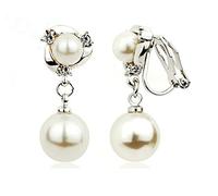 Acefeel Valentine's Day Present Silver-tone Clear Crystal White Simulated Pearl Clip-on Drop Earring E023 by Acefeel