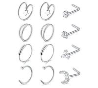 AceFun 12pcs 20G Piercing Nose Ring Double Hoop 8mm/10mm Star Curved L-shaped Nose Studs 0.8MMNose Bar Nostril Piercing Diamond Cubic Zirconia Silver Heart Star Flower Moon 7MM