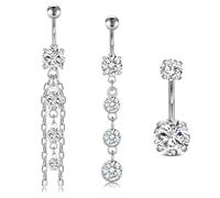 AceFun 14G Belly Button Bars Belly Button Piercings Heart Sunflower CZ 1.6mm 10mm Dangle Belly Ring Navel Bar Piercing Jewellery, D/Silver