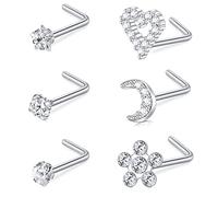 AceFun 18G Curved L-Shaped Nose Studs 1MM Stainless Steel Nose Bar Nostril Piercing Diamond Cubic Zirconia Piercing Body Jewelry Silver Heart Star Flower Moon 7MM