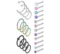 AceFun 20G Nose Rings Nostril Hoop Set Surgical Steel Nose Studs Nose Screw Nose Hoop Rings 6/8/10/12mm 24PCS CZ Opal Nose Piercing Jewelry for Women Men