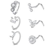 AceFun 20G Nose Rings Piercing Curved L-Shaped Screw Nose Studs 0.8MM Nose Bar Nostril Diamond Cubic Zirconia Piercing Cake Cup Butterfly Silver Heart Star Flower Moon Crown 7MM