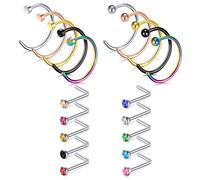 AceFun 20G Nose Studs Nose Piercing 0.8mm Nose Rings Hoop Multipack Stainless Steel Mix Color Diamond CZ Bone L Shaped Nose Screw Studs Piercing Jewelry 20PCS for Women Men