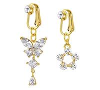 AceFun 2Pcs Non Pierced Fake Belly Button Bars Clip On Belly Piercing Surgical Steel with Flower Butterfly CZ Dangle Golden Faux Belly Rings Piercing Jewellery