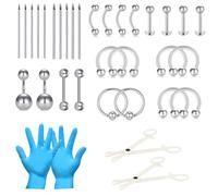 AceFun 36 Pieces Piercing Kit for all Piercings Stainless Steel Self Piercing Kits Lip Eyebrow Rook Carved Barbell Septum Jewellery Belly Button Piercing Tools with 14G 16G