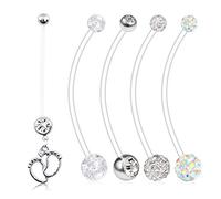 AceFun 5 PCS 14G Pregnancy Belly Button Rings Women Maternity Barbell Navel Body Piercing Jewelry Long Belly Rings 38mm Length -Silver Set