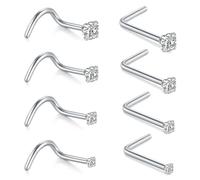 AceFun 8 Pieces 20G Nose Rings and Studs - Silver L Shaped Stainless Steel Diamond Small Nose Jewelry for Women Men - Corkscrew and Screw Piercing