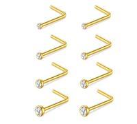 AceFun 8pc L Shape Nose Studs - Gold & Stainless Steel, 20G Nose Screw Rings, Clear CZ