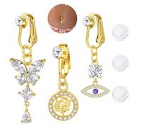 AceFun Fake Gold Belly Ring Clip on Belly Button Rings Surgical Steel Non Piercing Navel Ring Butterfly Evil Eye Flower Clear CZ Dangle Fake Belly Piercing Jewelry with Pain Reducing Silicone Pad