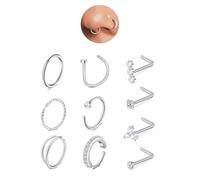 AceFun Nose Ring Silver Nose Stud 10 Pieces 20G Nose piercing Stainless Steel Tragus Helix Rings Double Hoop for Women Men Small Septum Rings Studs Body Piercing Jewelry 2mm 2.5mm Clear CZ