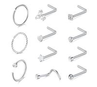 AceFun Nose Ring Stud Silver Nose Hoops,11 Pieces nose stud Stainless Steel Nose Rings Set for Women Men Curved L Shaped small nose stud and 2.0 Rhinestone Nose Piercing Jewelry