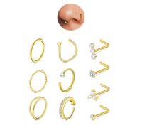 AceFun Nose Stud Gold Nose Ring,Nose piercing Studs 10 pieces 20G Small Tiny Tragus Helix Rings Set Stainless Steel clip on Nose Piercing Stud Hoop Jewelry 2mm 2.5 Clear CZ