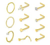 AceFun Nose Stud Ring Gold Nose Hoops,11 Pieces nose piercing Stainless Steel Nose Rings Set for Women Men Curved L Shaped small nose stud and 2.0 Rhinestone Nose Piercing Jewelry