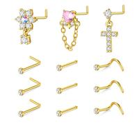 AceFun Nose Studs Nose Rings Piercing 20G Surgical Steel Nose Screw Nose Bone Pin L Shaped Nose Studs Nostril Piercing with CZ for Women Men Silver Gold Set