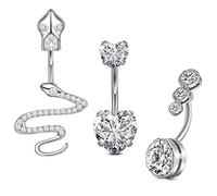 AceFun Silver Belly Bars Dangle Snake 14G 1.6mm Surgical Steel Belly Bars Double Shiny Heart Cubic Zirconia Anti-Allergic Navel Bar Barbells Ring Belly Button Rings Dangle for Women 3 Styles