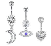 AceFun Silver Belly Button Bars Belly Button Rings Navel Piercing Stainless Steel Devil's Eye Moon Crystal Navel Rings Drop Pendant Piercing for Women