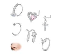 AceFun Silver Nose Ring Studs 20G Nose Rings Hoops Stud Stainless Steel Butterfly Evil Eye Nose Rings Round CZ Heart Cross L Shaped Nose Stud Hypoallergenic Nostril Piercing Jewelry for Women Men 6Pcs