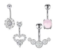 AceFun Sparkly CZ Silver Belly Button Ring Piercing 4Pcs 14G Surgical Stainless Steel Heart Navel Piercing Jewelry Hypoallergenic Cute Pink Opal Belly Button Rings for Women