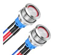 acegoo 19mm 12V Switch Push Button SPST ON/OFF Switch Red LED Ring Light 12V-24V 5A Self-locking for RV Camper Van Boat Truck Auto Car Lighting, Pre-wired Pigtail Copper Shell (2Pcs, Silver)