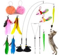 Acehome 14 Pack Cat Toys, Interactive Cat Teaser Toys Wand with Caterpillar Feather Ball Mouse Butterfly Cat Suction Cup Base Replacement Wire Rod Hook Rope for Indoor Cats Kitten Interactive Playing