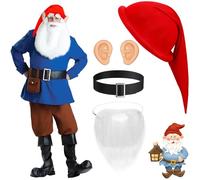 Acehome 5 Pcs Christmas Dwarf Costume Accessories Set Dwarf Hat Gnome Elf Hat with Fake Ears White Fake Beard Black Belt Xmas Fairy Tale Party Costume for Halloween Christmas Party Dress Up