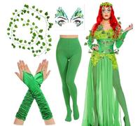 Acehome 8 Pcs Halloween Green Costume Set for Women, Poison Ivy Cosplay Costume Ivy Fancy Dress Outfit with Fake leaves Green Jewels Face Tattoo Gloves Tights for Halloween Cosplay Party Supplies