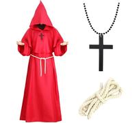 Acehome Monk Costume Set for Adult Men, Medieval Friar Hooded Monk Robe Costume Renaissance Priest Wizard Cowl Hooded Cloak Halloween Fancy Dress Outfit for Halloween Carnival Cosplay Party (Red, XL)
