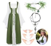 Acehome Renaissance Dress Medieval Costume for Women, Irish Dress Medieval Victorian Costume Fairy Elf Fancy Dress Set with Elf Ears Woodland Fairy Crown Necklace for Halloween Party Supplies (L)