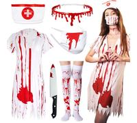 Acehome Zombie Nurse Costume for Adult Women, Bloody Nurses Dress Up Costume Halloweem Fancy Dress Nurse Costume Curves Zombie Outfit with Skirt Mask Neckalce for Halloween Cosplay Party Supplies