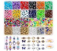 Acejoz Evil Eye Charms/Bracelet Making Kit with Glass Seed Clay Beads and Elastic String for Bracelets, Gold, 2702 Pieces