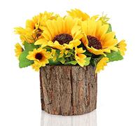 AceList Artificial Sunflowers in Real Bark Pot, Small Faux Potted Plants for Indoor Home Decor, Rustic Farmhouse Table Centerpiece for Desk, Bookshelf, Kitchen Window & Bathroom (Yellow, 7 inch)