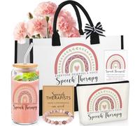Acellegic 6 Pcs Christmas Speech Therapy Gifts for Women Speech Language Pathologist Appreciation Gift Set for SLP 17oz Tumbler Tote Bag Makeup Bag Bracelet Card for Occupational Therapist(Pink)