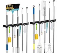 AceMining 5 Holders+4 Hooks Black 2 Pack Broom Holder Wall Mounted with Nails Installation, Heavy Duty Stainless Steel Mop Holder, Brush Mop and Broom Storage Self Adhesive