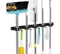 AceMining 5 Holders+4 Hooks Black Broom Holder Wall Mounted with Nails Installation, Heavy Duty Stainless Steel Mop Holder, Brush Mop and Broom Storage Self Adhesive
