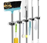AceMining 5 Holders+4 Hooks Broom Holder Wall Mounted with Nails Installation, Heavy Duty Stainless Steel Mop Holder, Brush Mop and Broom Storage Self Adhesive