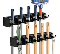 AceMining Broom Mop Holder Wall Mounted, Brush Holders Heavy Duty Storage | 5 Holders 6 Hooks, Utility Room Storage Solutions for Kitchen Bathroom Garage Cupboard and Garden Tool Organiser 2 Pack Black