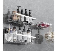 AceMining Shower Caddy, 3 Pack Silver Shower Storage Organiser with Hooks, Adhesives Bathroom Caddy No Drill, Bathroom Wall Storage Accessories