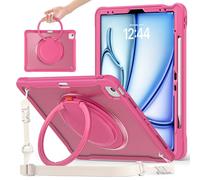 ACEMO for iPad Air 13 inch Case M3/M2 iPad Pro 12.9 case 6th 5th 4th 3rd Generation with 360° Rotating Kickstand Handle, Shoulder Strap, Pencil Holder, Rugged Cover for iPad Air 13 2025 2024, Rose Red