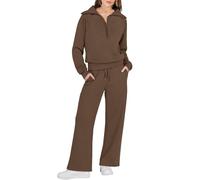 ACemt Jogging Suit Women's Wide Leg Leisure Suit Women's Without Hood Half Zip Tracksuits Sweatshirt & Jogging Bottoms Sports Suit Two Piece Outfit Zip Tracksuit Set Clothing Set, brown, L
